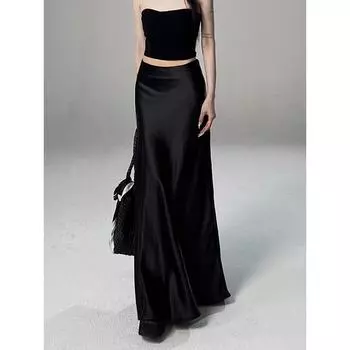 Plus Size Acetate Satin Skirt Women s Summer Plus Size Ladies High Waist Slim Looking Elegant Fishtail A- line Long Dress Silky Drape Elegant Black 3XL [80.00 kg-90.00 kg]]