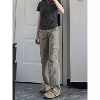 Plus Size American Khaki Cargo Jeans Female Spring and Summer New Arrival High Waist Straight-Leg Shorts Loose-Fitting Wide-Leg Trousers Tide Khaki 2XL
