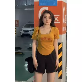 Plus Size American Style Sexy Short-Sleeved T-shirt for Women Print Summer Plus Size Ladies Style Fashion Short Retro Square Collar Ins Jackets Size L (recommended 50.00 kg-57.50 kg