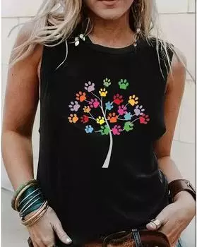 Plus Size Animal Paw Print Tank Top, Casual Crew Neck Sleeveless Tank Top For Summer, Women s Plus Size Clothing 1XL чёрный