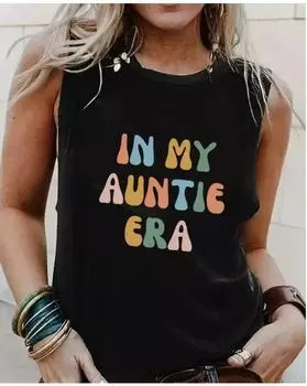 Plus Size Auntie Era Print Tank Top, Casual Sleeveless Crew Neck Top For Summer & Spring, Women s Plus Size Clothing 1XL чёрный