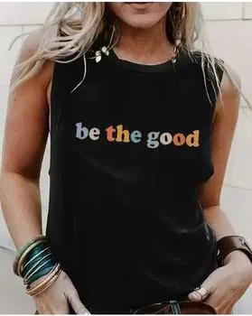 Plus Size Be The Good Letter Print Crew Neck Tank Top, Casual Sleeveless Tank Top For Summer, Women s Plus Size Clothing 1XL чёрный