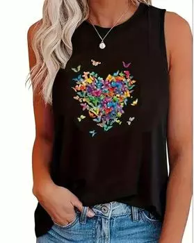 Plus Size Butterfly Heart Print Tank Top, Casual Crew Neck Sleeveless Top For Summer, Women s Plus Size Clothing 1XL чёрный
