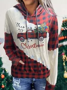 Plus Size Casual Christmas Plaid Patchwork Car Logo Printed Hoodie S