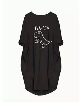 Plus Size Casual Dress, Women s Plus Cute Dinosaur & Letter Print Long Sleeve Round Neck Slight Stretch Baggy Dress With Pockets 1XL чёрный