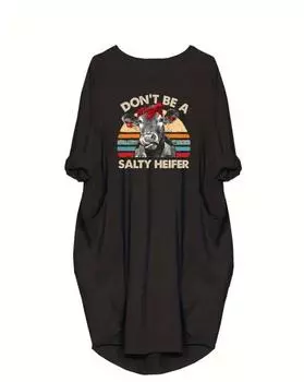 Plus Size Casual Dress, Women s Plus Colorblock Cow & Slogan Print Roll Up Sleeve Round Neck Slight Stretch Dress With Pockets 1XL чёрный