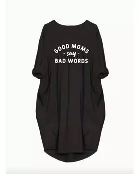 Plus Size Casual Dress, Women s Plus Letter Print Long Sleeve Round Neck Baggy Loose Dress 1XL чёрный