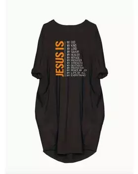 Plus Size Casual Dress, Women s Plus Letter Graphic Print Long Sleeve Round Neck Slight Stretch Baggy Dress With Pockets 1XL чёрный