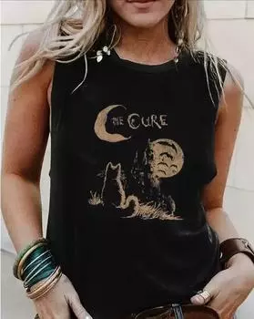 Plus Size Cat Print Crew Neck Tank Top, Casual Sleeveless Tank Top For Summer, Women s Plus Size Clothing 1XL чёрный