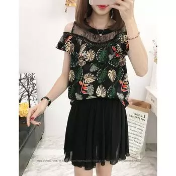Plus Size Chiffon Tops Print Women s K-style Summer Plus Size Ladies Lace Stitching Sexy off-Shoulder Western Style Shirt 100.00kg Black (Skirt) M
