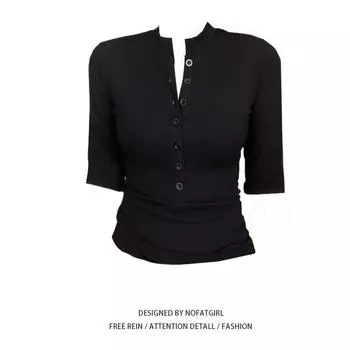 Plus Size Chubby Girl Black Shoulder Half-Open Collar Short-Sleeved T-shirt Women s Summer New Arrival Slimming Sense of Design Sexy Tops Tide Black Tops M