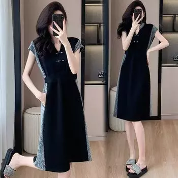 Plus size Chubby Girl Casual Short sleeve Dress Women 2025 Summer New Design Slimming Western Style V-neck Skirts Fashion Black 5 Size XL [Recommended 90.00 kg-100.00 kg]]