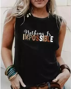 Plus Size Colorblcok Letter Print Tank Top, Casual Crew Neck Sleeveless Top For Summer, Women s Plus Size Clothing 1XL чёрный