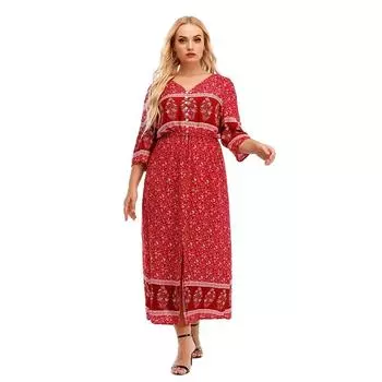 Plus-size Dress Short-sleeved V-tied Printed Long Dress 1XL красный