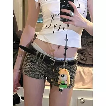 Plus Size Fashion Style Y2g Sexy Leopard Print Denim Super Short Shorts Female Stylish A- line Sexy Slimming Sheath Hot Pants Tide Leopard print M [Suggested 47.50 kg-52.50 kg]]