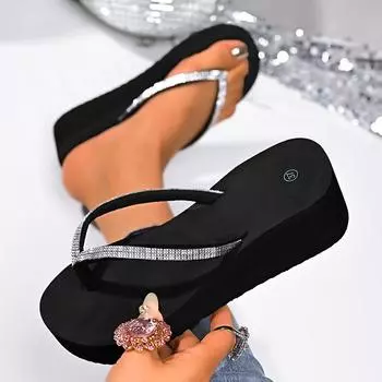 Plus Size Fashion Wedge Flip Flops for Women Crystal Clip Toe Platform Slippers Woman Summer Thick Sole Non Slip Beach Sandals 36 чёрный