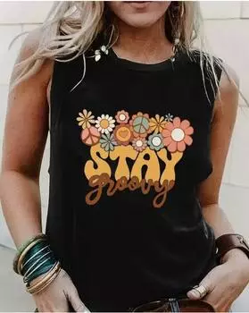 Plus Size Floral Letter Print Tank Top, Casual Crew Neck Sleeveless Tank Top For Summer, Women s Plus Size Clothing 1XL чёрный