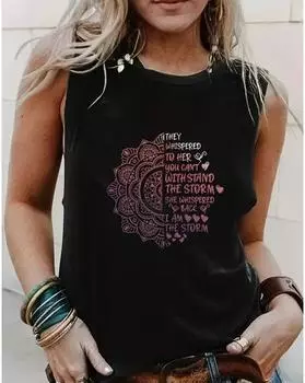 Plus Size Floral & Letter Print Tank Top, Casual Crew Neck Sleeveless Top For Summer, Women s Plus Size Clothing 1XL чёрный