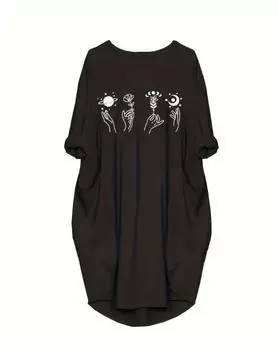 Plus Size Floral Print Dress, Casual Long Sleeve Crew Neck Dress For Spring & Summer, Women s Plus Size Clothing 1XL чёрный