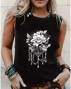 Plus Size Floral Print Tank Top, Casual Crew Neck Sleeveless Top For Summer, Women s Plus Size Clothing 1XL чёрный