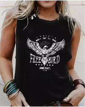 Plus Size Free Bird Print Tank Top, Casual Sleeveless Crew Neck Top For Summer & Spring, Women s Plus Size Clothing 1XL чёрный