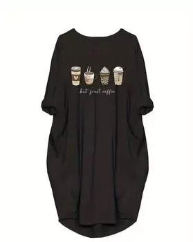 Plus Size Graphic Print Tee Dress, Long Sleeve Casual Dress, Women s Plus Size Clothing 1XL чёрный