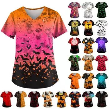 Плюс размер Хэллоуин печатная рабочая форма Топы для женщин футболки с v-образным вырезом и короткими рукавами рабочая одежда футболка с карманами L чёрный