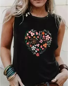 Plus Size Heart Floral Print Crew Neck Tank Top, Casual Sleeveless Tank Top For Summer, Women s Plus Size Clothing 1XL чёрный