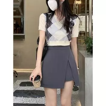 Plus Size High Waist A-Line Skirt - Gray/Black, Spring/Autumn, Slit Detail, Slimming Fit M чёрный