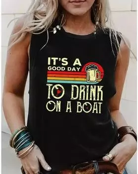 Plus Size It s A Good Day Print Tank Top, Casual Crew Neck Sleeveless Tank Top For Summer, Women s Plus Size Clothing 1XL чёрный
