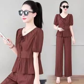 Plus Size Ladies Casual Square Collar Western Style Youthful-Looking Loose Two-Piece Suit Xiuhong 5 Size XL (95.00 kg-110.00 kg recommended