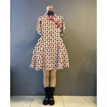 Plus Size Ladies Retro National Style Design Waist-Tight Slim Looking Buckle Red Cherry 3XL