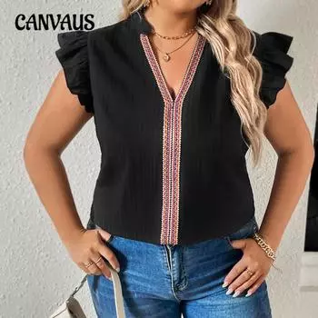 Plus Size Ladies V Neck Lace Black Loose Fashion Top 1XL чёрный