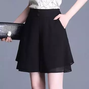 Plus Size Ladies Wide Leg Loose Slim Looking A- line Thin Culotte Black 3XL [Recommendation 72.50 kg-80.00 kg]]