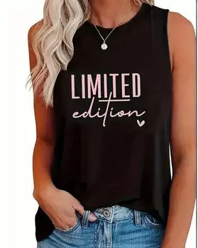 Plus Size LIMITED Print Tank Top, Casual Crew Neck Sleeveless Top For Summer, Women s Plus Size Clothing 1XL чёрный