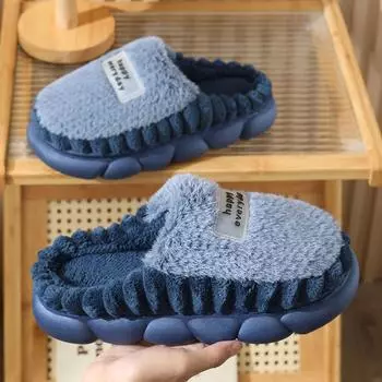 Plus Size Man slippers home furry thick bottom slides designer winter warm velvet mens slippers blue cotton slipper males shoes 38-39