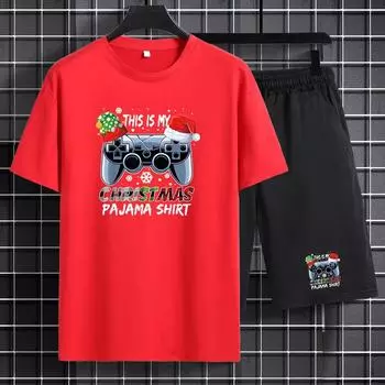 Plus Size Men s Gamepad Graphic Print T-Shirt and Shorts Set Summer S