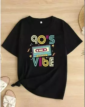 Plus Size Number & Letter Print T-Shirt, Casual Short Sleeve Top For Spring & Summer, Women s Plus Size Clothing 1XL чёрный