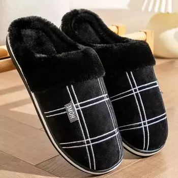 Plus Size Plaid House Slippers for Man Winter Plush Indoor Male Shoes Warm Home Slippers Non Slip Flat Cotton Bedroom Houseshoes 42-43(25.0-26CM) чёрный