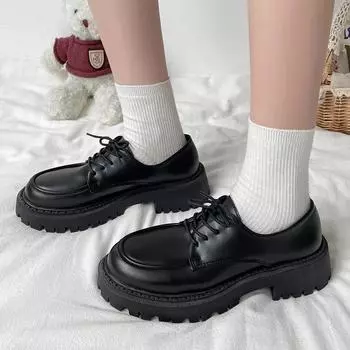 Plus Size Platform Oxfords for Women 2024 Fashion Thick Sole Lace Up Faux Leather Shoes Woman Comfortable Non Slip Walking Shoes 35 чёрный