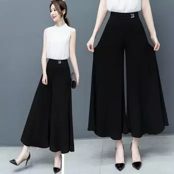 Plus Size Plus Size Ladies High Waist Show Thin Black Cropped Wide-Leg Pants Black 3XL [Recommendation 72.50 kg-80.00 kg]]