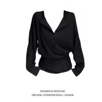 Plus Size Plus Size Ladies Korean Style Stylish V Neck Slimming Long-Sleeved T-shirt Women s Spring New Arrival Loose Feeling Loose Black Tops Black Tops L