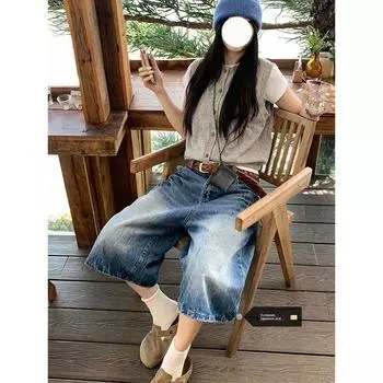Plus size Retro Distressed Lightning Design Sense Demin shorts Women 2025 Summer New Loose Wide Leg Cropped Pants Fashion Blue [Quality Edition]] XL