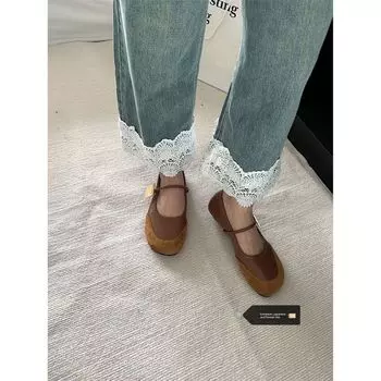 Plus Size Retro Lace Patchwork Straight-leg Denim Female Spring and Summer Stylish High Waist Loose Wide Legs Cropped Pants Tide Blue S [Suggested 40.00 kg-47.50 kg]]