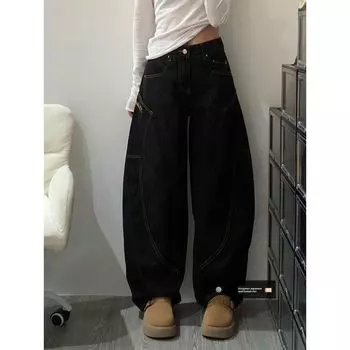 Plus size Retro Multi-pockets Machete Design Drape Jeans Women 2025 Summer New High Waist Loose Mopping Pants Black [Quality Edition]] 2XL