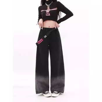 Plus Size Side Zipper Gradient Denim Women s 2025 New Arrival American High Waist Straight-leg Wide Leg Loose Pants Fashion Black [Quality Edition]] L