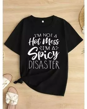 Plus Size Slogan Print T-Shirt, Casual Short Sleeve Top For Spring & Summer, Women s Plus Size Clothing 1XL чёрный