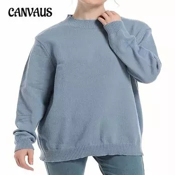 Плюс размер однотонный круглый джемпер с круглым вырезом женский осенне-зимний темперамент повседневный круглый вязанный свитер S чёрный