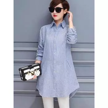 Plus Size Spring and Autumn 2025 New Women s Tops Women s Outwear Long Sleeves Cotton and Linen Blue Shoulder Stripes Shirt Blue and White 4XL (75.00kg -80.00kg)
