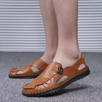 Большие размеры Весна и лето Мужские сандалии Натуральная кожа Hole Shoes Повседневная пляжная обувь Hollowed Toe Box Мужские сандалии 38 чёрный